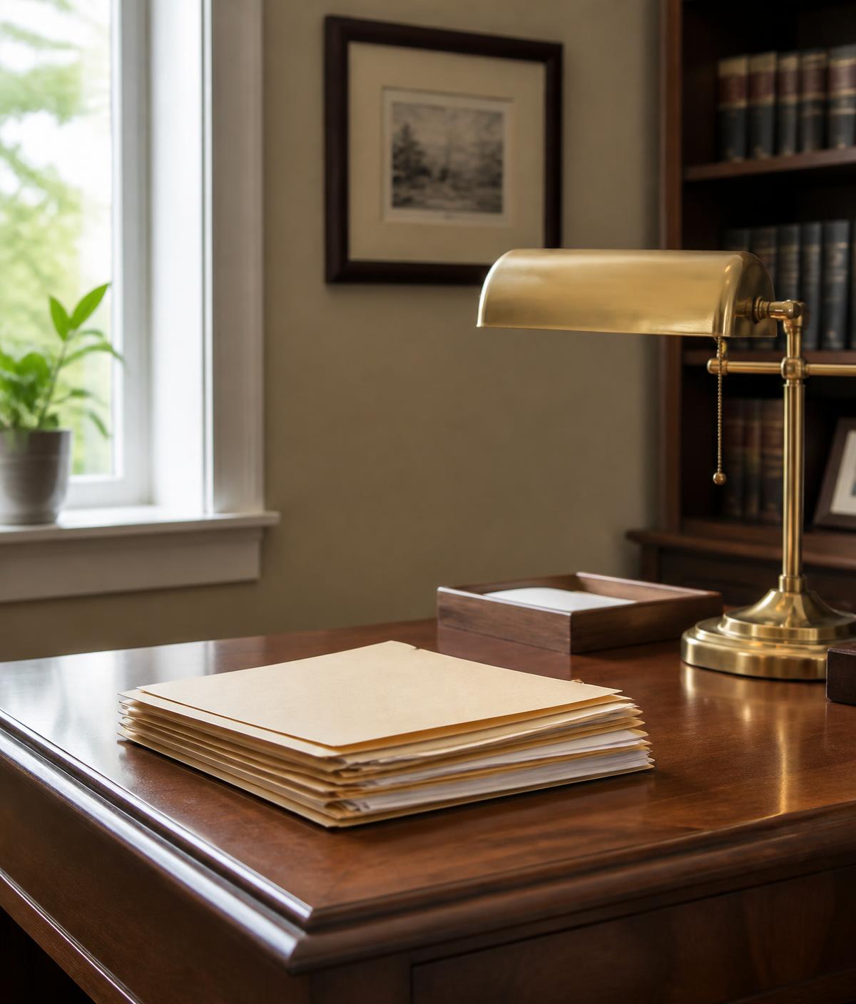 Client folders organized on a warm wooden office desk